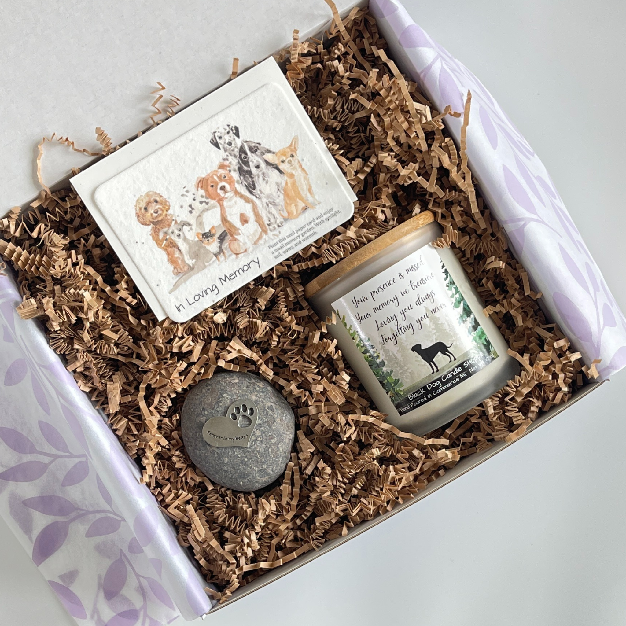 Dog Loss Care Package with candle, memorial rock, and seed paper from Comfort & Keep