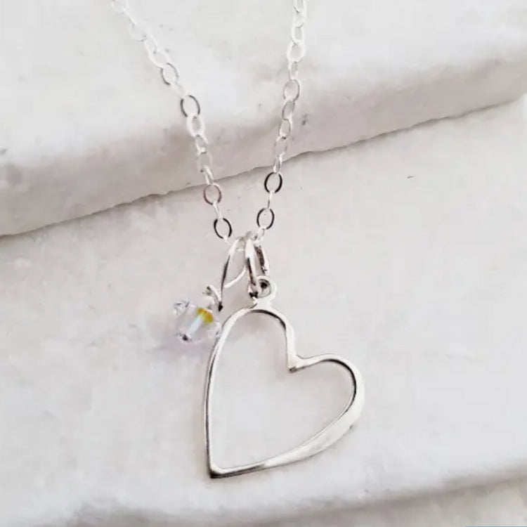 sterling silver open heart and crystal charm necklace