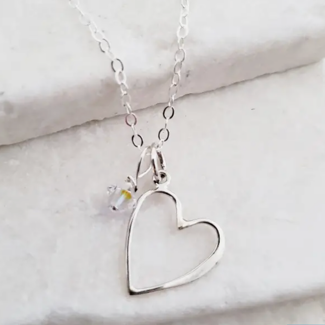 sterling silver open heart and crystal charm necklace