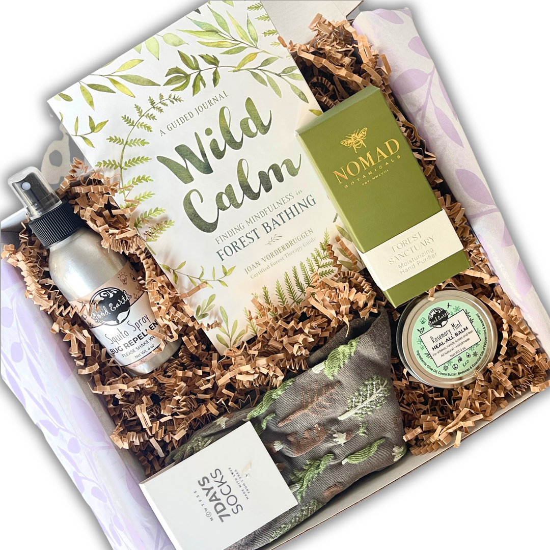 Forest bathing care package with guided journal, hand balm, squito spray, hand sanitizer and forest themed socks